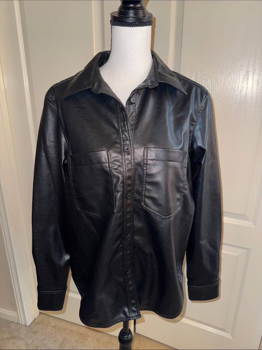 H&M Black Faux Leather Button-Front Shirt Jacket - Size Medium